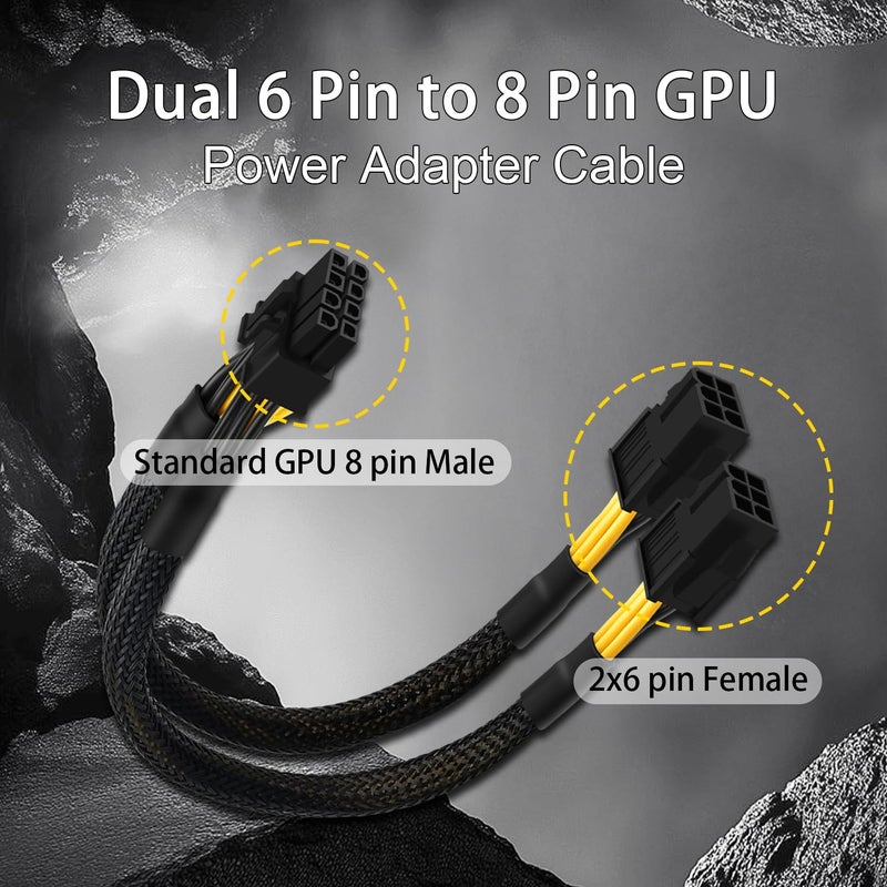 COMeap 6 Pin to 8 Pin GPU Adapter, Dual 6 Pin Female to 8 Pin Male GPU Power Sleeved Cable 9.5-inch(24cm) - Image 2